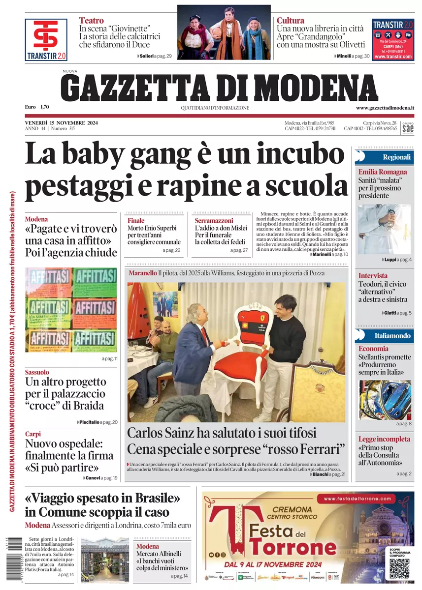 Prima-pagina-gazzetta di modena-oggi-edizione-del-2024-11-15